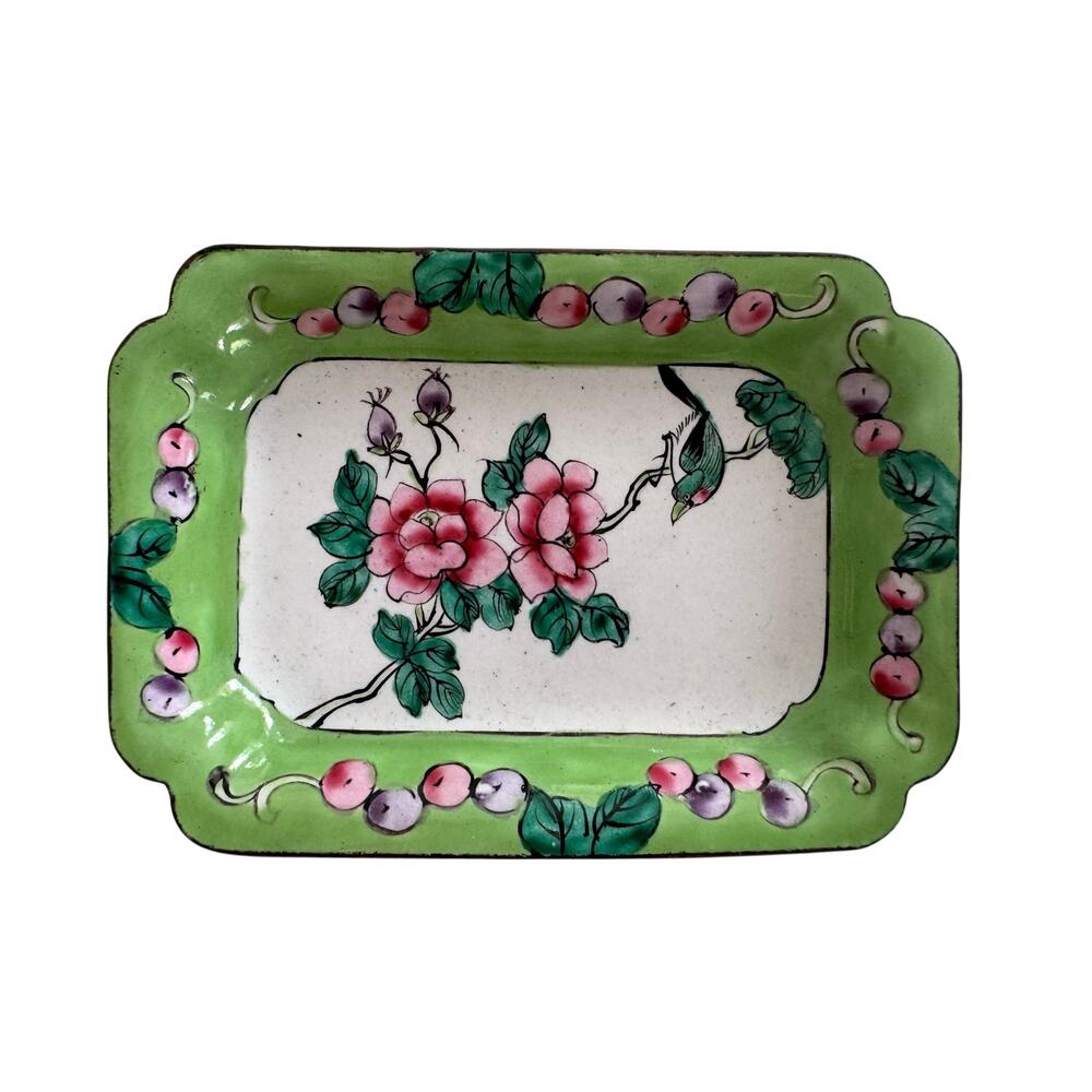 Vintage Hand Painted Floral Bird Tray Green Edge Asian Style Enamel Tray